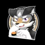  1:1 anthro black_body black_claws black_ears black_fur bust_portrait canid cheek_tuft claws facial_markings facial_tuft fangs finger_claws food fur glistening glistening_eyes head_markings head_tuft hi_res inner_ear_fluff kewkungzn looking_at_viewer male mammal markings mask_(marking) neck_tuft nude open_mouth open_smile plate portrait purple_eyes red_tongue simple_background smile solo sushi teeth tongue tuft unsigned white_body white_fur white_inner_ear_fluff 