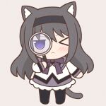  &gt;_o 1girl akemi_homura animal_ears black_hair black_hairband black_pantyhose blush cat_ears cat_girl cat_tail chibi closed_mouth frown full_body hairband holding holding_magnifying_glass long_hair looking_at_viewer magnifying_glass mahou_shoujo_madoka_magica one_eye_closed pantyhose purple_eyes solo standing tail yuno385 