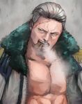  1boy cigar coat facial_hair goatee large_pectorals male_focus mature_male one_piece open_clothes open_coat pectorals short_hair sideburns sige_94 smoker_(one_piece) smoking solo stitches upper_body white_hair 