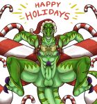  abs anthro anus balls bow_ribbon butt candy candy_cane christmas christmas_clothing christmas_headwear claws clothing dessert dinosaur feet food genitals grin harness hat headgear headwear hi_res holidays kane_(kfdp) male muscular nipples pecs penis reptile santa_hat scalie smile solo solo_focus spread_legs spreading syndhart theropod tyrannosaurid tyrannosaurus tyrannosaurus_rex 