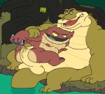  2022 amphibia_(series) amphibian anthro balls belly bog_(amphibia) crocodile crocodilian crocodylid detailed_background disney duo erection frog genitals green_body male male/male moobs mptoadd nipples overweight overweight_male penis reptile scalie 