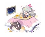  &gt;_&lt; :3 :d absurdres ahoge animal_ears blue_archive chibi closed_eyes fang food fox_ears fox_tail fruit highres izuna_(blue_archive) kotatsu mandarin_orange michiru_(blue_archive) ngawa noodles ramen sleeping smile table tail tsukuyo_(blue_archive) zzz 