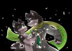  anthro black_background bottomwear canid cheek_tuft chest_tuft clothed clothing coat dark_body dark_fur duo eye_contact facial_tuft fur glistening glistening_eyes green_eyes green_scarf grey_body grey_bottomwear grey_clothing grey_coat grey_fur grey_pants grey_topwear head_tuft hi_res kewkungzn looking_at_another male mammal mouth_closed nude pants scarf side_view simple_background topwear tuft unsigned white_body white_clothing white_fur white_topwear 