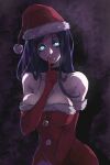  1girl black_choker blue_eyes breasts chainsaw_man choker christmas cleavage dress ediptus elbow_gloves finger_to_mouth fur-trimmed_dress fur-trimmed_gloves fur_trim gloves glowing glowing_eyes hat highres large_breasts long_hair looking_at_viewer mole mole_under_eye purple_hair red_dress red_gloves santa_claus santa_dress santa_hat shushing solo strapless 