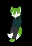  anthro barefoot black_background bottomwear canid cheek_tuft clothed clothing facial_tuft feet full-length_portrait fur green_body green_eyes green_fur green_nose grey_bottomwear grey_clothing grey_pants grin hair hand_in_pocket headphones headphones_around_neck hi_res hoodie kewkungzn looking_at_viewer male mammal pants pockets portrait short_hair simple_background smile solo standing three-quarter_view topwear tuft unsigned white_body white_fur white_inner_ear young 