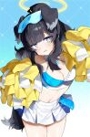  1girl animal_ears bangs black_hair blue_archive blue_eyes blush breasts cheerleader cleavage dog_ears dog_tail facial_mark goggles goggles_on_head halo hibiki_(blue_archive) hibiki_(cheerleader)_(blue_archive) highres long_hair looking_at_viewer midriff navel pom_pom_(cheerleading) sioug_um2 solo tail 