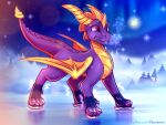  4_legs 4_toes absurd_res activision aurora_(phenomenon) claws dragon feet feral hi_res holidays horn ice ice_skates ice_skating male night on_ice piiu piiunivers scalie solo spikes spikes_(anatomy) spyro_the_dragon toes western_dragon wings winter 