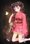  1girl arm_at_side bangs bare_legs black_hair bottomless brown_background bug butterfly cherry_blossom_print dark_background feet_out_of_frame floral_print frilled_kimono frills grey_ribbon gun hair_ribbon highres holding holding_gun holding_ribbon holding_weapon japanese_clothes kimono kneeling koutetsujou_no_kabaneri lever_action long_sleeves looking_at_viewer mumei_(kabaneri) obi over_shoulder pink_kimono print_kimono red_eyes red_sash ribbon rifle rirako sash short_hair solo thighs twintails weapon wide_sleeves yellow_ribbon 