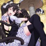  1girl :d :o animal_ears black_dress black_hair breasts brown_eyes cat_ears cat_tail character_doll character_request crossed_legs dai_tokyo_oniyome-den dated dress feet_out_of_frame hanafuda_jinta hand_in_own_hair harayukisodati highres medium_breasts miyako_(dai_tokyo_oniyome-den) paw_print scratching_post smile tail white_dress yellow_background 