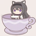  1girl :&lt; akemi_homura animal_ears black_hair black_hairband blush cat_ears cat_girl cat_tail chibi closed_mouth hairband long_hair long_sleeves looking_at_viewer mahou_shoujo_madoka_magica purple_eyes sitting solo spinning_teacup tail yuno385 