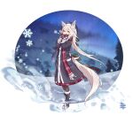  1girl animal_ears aurora black_coat black_footwear black_gloves boots breath coat full_body fur-trimmed_boots fur-trimmed_gloves fur_trim gloves highres kazana_(sakuto) long_sleeves night original plaid plaid_scarf saku_(kazana) scarf sky snow snowflakes star_(sky) starry_sky tail wolf_ears wolf_girl wolf_tail yellow_eyes 