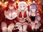  3girls ahoge bangs bare_shoulders black_hairband black_thighhighs blue_eyes blue_hair blush breasts christmas cleavage collarbone crossed_bangs elf eris_greyrat hairband highres large_breasts long_hair looking_at_viewer medium_breasts multiple_girls mushoku_tensei navel open_mouth pointy_ears red_eyes red_hair roxy_migurdia short_hair small_breasts smile sylphiette_(mushoku_tensei) thighhighs thighs white_hair white_thighhighs zasshu 