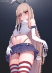  1girl absurdres alternate_costume armpit_crease blonde_hair blush breasts commission cosplay crop_top elbow_gloves eyewear_removed frown g-string girls&#039;_frontline gloves groin highres kkam-sang long_hair looking_at_viewer miniskirt navel orange_eyes round_eyewear shimakaze_(kancolle) shimakaze_(kancolle)_(cosplay) sideboob skirt sleeveless small_breasts solo striped striped_thighhighs thighhighs thong type_80_(girls&#039;_frontline) very_long_hair 