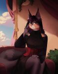  anthro clothing cloud corset domestic_cat dress felid feline felis female furniture green_eyes hair hi_res lace lingerie maine_coon mammal plant purple_hair sky sofa solo spotty.cat topwear veronica_(spotty.cat) 