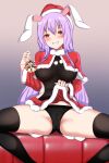  1girl animal_ears bell black_panties black_pantyhose breasts clothes_lift hat highres jingle_bell lifted_by_self panties pantyhose pink_hair presenting rabbit_ears red_eyes red_skirt reisen_udongein_inaba santa_costume santa_hat sitting skirt skirt_lift smile solo thighs touhou underwear xialuluo_(sharuro) 