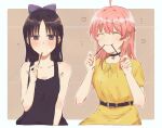  2girls ahoge bangs bell belt black_choker black_dress black_eyes black_hair blush bow breasts brown_background choker closed_eyes dress eating facing_viewer food hair_bow heart long_hair miyao_nemu multiple_girls neck_bell parted_bangs pink_hair pocky seriyama_(srym_s) sleeveless sleeveless_dress small_breasts sweatdrop upper_body wakatsuki_niko witch_watch yellow_dress 