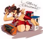  2022 4_fingers 4_toes activision alyssa_bandicoot_(oc) anthro bandicoot beauty_mark big_breasts black_hair black_nose bound breasts butt choker christmas cleavage clothed clothing crash_bandicoot_(series) double_v_sign english_text eyebrows eyelashes fan_character feet female fingers gesture green_eyes hair half-closed_eyes hi_res holidays jewelry legs_tied lipstick long_hair looking_at_viewer magaska19 makeup mammal marsupial narrowed_eyes necklace nintendo nintendo_switch open_mouth open_smile playstation_5 rc_car simple_background smile solo text toes v_sign white_background wrappings 
