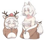  1girl animal_ears antlers breasts cleavage closed_mouth fake_horns highres horns inubashiri_momiji looking_at_viewer multiple_views onesie open_mouth red_eyes sarashi short_hair simple_background touhou upper_body white_background white_hair wolf_ears wolf_girl yashiki_sen 