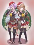  2girls :d absurdres ahoge assault_lily bangs belt belt_buckle black_gloves black_sailor_collar black_thighhighs blue_eyes blush bow bowtie braid braided_ponytail breasts bridal_gauntlets brown_background brown_hair brown_jacket brown_pantyhose buckle buttons character_name christmas christmas_ornaments christmas_wreath clothing_cutout commentary_request elbow_gloves fingernails frilled_skirt frills full_body fur-trimmed_headwear futagawa_fumi gloves gradient gradient_background hair_between_eyes hand_up hands_up hat highres holding holding_sack holding_tablet_pc jacket jewelry looking_at_viewer low_ponytail low_twin_braids low_twintails medium_breasts merry_christmas miniskirt multiple_girls neck_ribbon obelisk3 open_mouth pantyhose pink_nails pom_pom_(clothes) purple_eyes purple_hair red_belt red_headwear red_ribbon red_skirt ribbon ring sack sailor_collar santa_hat school_uniform serafuku short_sleeves shoulder_cutout side-by-side side_slit single_braid skirt smile sparkle standing swimsuit tablet_pc thighhighs thighhighs_over_pantyhose tilted_headwear translated twin_braids twintails v v-shaped_eyebrows waist_cape wang_lifen yellow_bow yellow_bowtie zettai_ryouiki 