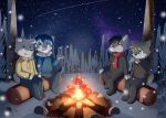  anthro black_bottomwear black_clothing black_hair black_pants blonde_hair blue_clothing blue_eyes blue_hair blue_jacket blue_topwear bottomwear campfire canid clear_sky clothed clothing floppy_ears forest fur glistening glistening_eyes grey_body grey_fur grin group hair head_tuft heterochromia hi_res jacket kewkungzn log male mammal night open_mouth outside pants plant red_eyes red_tongue signature sitting smile snow snowing tongue topwear tree tuft wood yellow_body yellow_fur yellow_jacket 