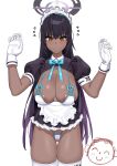  1girl absurdres ahoge alternate_legwear arms_up bangs black_hair blue_archive blue_bow blue_bowtie blush bow bowtie breasts commentary_request dark-skinned_female dark_skin fffukuzawa gloves highres karin_(blue_archive) large_breasts long_hair maid maid_headdress panties parted_lips puffy_short_sleeves puffy_sleeves short_sleeves simple_background solo standing thighhighs underwear white_background white_gloves white_panties white_thighhighs yellow_eyes 
