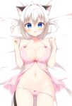  1girl :d animal_ear_fluff animal_ears aoi_yun ass_visible_through_thighs babydoll bangs bare_arms bare_shoulders bed_sheet blue_eyes blush bow bow_panties breasts cat_ears cat_girl cat_tail cleavage collarbone dakimakura_(medium) fang groin hair_between_eyes hair_intakes hands_up highres large_breasts looking_at_viewer lying navel on_back original panties panty_pull pink_panties see-through smile solo tail underwear underwear_only white_hair 