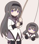  1girl :&lt; akemi_homura argyle argyle_legwear black_hair black_hairband black_pantyhose blush character_doll closed_mouth fishing_rod hairband holding holding_fishing_rod long_hair long_sleeves looking_away mahou_shoujo_madoka_magica pantyhose purple_eyes solo stuffed_toy yuno385 