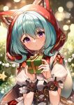  1girl :&lt; ahoge animal_hood artist_name bangs blue_hair cat_hood christmas christmas_lights christmas_ornaments christmas_tree closed_mouth dress gift griseo guzangnanfeng highres holding holding_gift honkai_(series) honkai_impact_3rd hood purple_eyes red_hood short_hair short_sleeves solo upper_body white_dress 