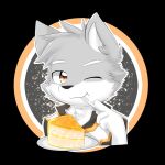  1:1 anthro black_clothing black_nose black_topwear bust_portrait cake canid clothed clothing dessert eating food fur glistening glistening_eyes grey_body grey_ears grey_fur grey_hair hair hi_res holding_fork kewkungzn looking_at_viewer male mammal one_eye_closed orange_clothing orange_eyes orange_topwear portrait short_hair simple_background solo topwear unsigned white_body white_clothing white_fur white_inner_ear white_topwear 