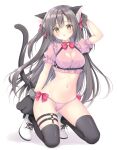  1girl :o absurdres animal_ear_fluff animal_ears arm_behind_head arm_up bangs black_thighhighs blush breasts brown_eyes cat_ears cat_girl cat_tail cleavage cleavage_cutout clothing_cutout commentary_request crop_top heart_cutout highres kneeling korie_riko long_hair looking_at_viewer midriff navel open_mouth original panties pink_panties pink_shirt puffy_short_sleeves puffy_sleeves shadow shirt shoes short_sleeves simple_background solo tail thighhighs underwear very_long_hair white_background white_footwear 