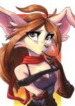  2022 anthro breasts brown_eyes brown_hair canid canine canis clothed clothing domestic_dog ewgengster_(artist) female fully_clothed fur gloves hair handwear hi_res looking_at_viewer mammal red_scarf scarf solo tan_body tan_fur traditional_media_(artwork) 