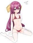  1girl absurdres bikini bow dated flat_chest hair_bow highres kamikaze_(kancolle) kantai_collection long_hair looking_at_viewer maru_(marg0613) one-hour_drawing_challenge purple_eyes purple_hair red_bikini simple_background sitting solo swimsuit thighhighs twitter_username wariza white_background white_thighhighs yellow_bow 