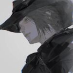  1girl androgynous black_headwear expressionless final_fantasy final_fantasy_xiv from_below grey_background grey_eyes grey_hair hat highres hyur looking_afar looking_ahead nanguoqiu477 portrait realistic short_hair simple_background solo zero_(ff14) 