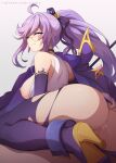  1girl after_anal after_sex ahoge aisha_landar ass bangs blush boots breasts cum cum_in_ass detached_sleeves elsword eyewear_strap from_behind glasses hair_ribbon high_heel_boots high_heels large_breasts long_hair looking_back nipples pants parted_lips ponytail purple_eyes purple_hair purple_ribbon ribbon semi-rimless_eyewear shirt simple_background sleeveless sleeveless_shirt solo torn_clothes torn_pants waero white_shirt 