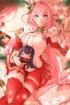  1girl alternate_costume artist_name bangs blue_eyes breasts candy candy_cane character_doll cleavage commentary commission elysia_(honkai_impact) food highres holding holding_candy holding_candy_cane holding_food holding_stuffed_toy honkai_(series) honkai_impact_3rd long_hair long_sleeves looking_at_viewer lying mofumanju on_back pink_hair pleated_skirt pointy_ears raiden_mei red_skirt red_thighhighs shirt skirt smile solo stuffed_toy thighhighs very_long_hair white_shirt 