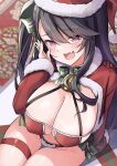  1girl absurdres arm_support azur_lane bangs bell bikini blurry blurry_background breasts christmas eyepatch_bikini fang from_above fur-trimmed_headwear fur-trimmed_sleeves fur_trim green_ribbon hair_ribbon hat highres leer.meer long_hair long_sleeves looking_at_viewer neck_bell one_side_up open_mouth pamiat_merkuria_(azur_lane) pink_eyes raised_eyebrows red_bikini red_headwear ribbon santa_hat shrug_(clothing) sitting skin_fang skindentation sleeves_past_fingers sleeves_past_wrists smile solo swept_bangs swimsuit thigh_gap thigh_strap thighs 