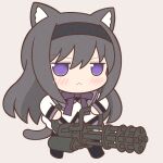  1girl :&lt; akemi_homura animal_ears black_hair black_hairband black_pantyhose blush cat_ears cat_girl cat_tail chain_gun chibi closed_mouth gun hairband holding holding_gun holding_weapon long_sleeves looking_away mahou_shoujo_madoka_magica pantyhose purple_eyes solo tail weapon yuno385 