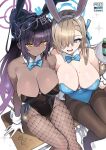  2girls animal_ears asuna_(blue_archive) bangs black_hair black_leotard black_pantyhose blonde_hair blue_archive blue_eyes blue_leotard bow bowtie breast_press breasts bursting_breasts cleavage collar cover covered_nipples dark-skinned_female dark_skin fishnet_pantyhose fishnets gloves hair_over_one_eye halo karin_(blue_archive) kutani large_breasts leotard looking_at_viewer mole mole_on_breast multiple_girls one_eye_covered pantyhose playboy_bunny ponytail rabbit_ears rabbit_tail shiny shiny_skin sitting tail thigh_gap thighs tray white_gloves yellow_eyes 