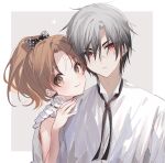  1boy 1girl bangs bare_arms black_bow black_hair blush bow brown_eyes brown_hair closed_mouth collared_shirt dress_shirt earrings gakuen_alice gradient_hair grey_background grey_hair hair_between_eyes hair_bow hand_up high_ponytail hyuuga_natsume jewelry multicolored_hair ouri_(aya_pine) parted_bangs polka_dot polka_dot_bow ponytail red_eyes sakura_mikan shirt sleeveless sleeveless_shirt smile thick_eyebrows two-tone_background upper_body white_background white_shirt 
