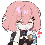  1girl bangs black_leotard breasts closed_eyes cup drinking_straw gloves heart highres holding holding_cup honkai_(series) honkai_impact_3rd large_breasts leotard mask mouth_mask official_art pink_hair short_hair single_glove solo timido_cute transparent_background upper_body white_gloves 