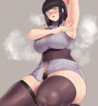  1girl absurdres arm_up armpits bangs black_hair blunt_bangs blush breasts female_pubic_hair highres hyuuga_hinata large_breasts long_hair naruto:_the_last naruto_(series) open_mouth pubic_hair simple_background sleeveless solo steaming_body sweat thighhighs turtleneck yotamono 