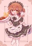  1girl absurdres arle_nadja brown_hair carbuncle_(puyopuyo) curry curry_rice food futaba969649 heart highres holding looking_at_viewer maid maid_headdress open_mouth plate ponytail puyopuyo rice skirt smile solo yellow_eyes 
