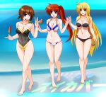  3girls :d ;d ass_visible_through_thighs bare_arms bare_legs barefoot bikini black_bikini black_one-piece_swimsuit blonde_hair blue_bikini blue_eyes breasts brown_hair casual_one-piece_swimsuit cleavage collarbone engo_(aquawatery) fate_testarossa food full_body groin hair_ornament hairclip holding holding_food large_breasts long_hair lowleg lowleg_bikini lyrical_nanoha mahou_shoujo_lyrical_nanoha_strikers medium_hair multiple_girls navel one-piece_swimsuit one_eye_closed open_mouth popsicle red_eyes shiny shiny_hair side_ponytail single_hair_intake smile straight_hair strapless strapless_bikini strapless_swimsuit swimsuit takamachi_nanoha thigh_gap two-tone_bikini very_long_hair walking watermelon_bar white_bikini yagami_hayate 