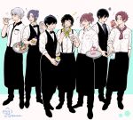  6+boys 626dir apron bachira_meguru black_bow black_bowtie black_hair black_pants black_vest blonde_hair blue_lock bow bowtie chigiri_hyoma closed_eyes closed_mouth collared_shirt cup drink drinking_glass eating food full_body grey_hair hair_up holding holding_cup holding_food holding_spoon holding_tray isagi_yoichi itoshi_rin itoshi_sae licking_lips long_hair looking_at_another male_focus mikage_reo multicolored_hair multiple_boys musical_note nagi_seishirou necktie open_mouth pants pizza purple_hair red_hair shirt short_hair simple_background smile spoon standing tongue tongue_out tray twitter_username two-tone_hair vest waiter white_background white_shirt 