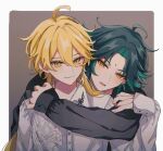  2boys aether_(genshin_impact) ahoge alternate_costume alternate_eye_color alternate_hairstyle arm_up bangs black_shirt blonde_hair border brown_background buttons closed_mouth collared_shirt commentary_request earrings fingernails genshin_impact gradient gradient_background green_hair grey_background hair_between_eyes hand_up hug hug_from_behind jewelry long_fingernails long_hair long_sleeves looking_at_viewer male_focus multicolored_hair multiple_boys nail_polish open_mouth orange_eyes outside_border paaaao01 puffy_long_sleeves puffy_sleeves shirt short_hair single_earring smile tongue two-tone_hair white_border white_nails white_shirt wing_collar xiao_(genshin_impact) yaoi yellow_eyes 