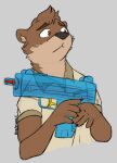  2022 amber_eyes anthro artist_name brown_body brown_fur brown_nose chase_hunter clothing colored countershade_face countershade_torso countershading echo_(game) echo_(series) echo_project fur grey_background hi_res male mammal mustelid otter shirt simple_background solo tan_body tan_countershading tan_fur topwear toy toy_gun unsafescapewolf video_games visual_novel water_gun worried young 