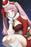  1girl boots breasts cleavage_cutout clothing_cutout commentary_request fire_emblem fire_emblem:_three_houses fire_emblem_heroes flower fur-trimmed_gloves fur-trimmed_headwear fur-trimmed_sleeves fur_collar fur_trim gloves grin hair_flower hair_ornament hair_ribbon hairband hat head_rest highres hilda_valentine_goneril hilda_valentine_goneril_(winter) large_breasts long_hair looking_at_viewer official_alternate_costume pink_eyes pink_hair red_hairband red_headwear red_ribbon ribbon rose santa_costume seinikuten shoulder_cutout smile solo squatting teeth thighs twintails twitter_username white_flower white_footwear white_gloves white_rose 