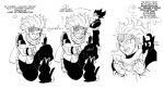  2boys amartbee armor blush boots cat clenched_hands closed_eyes crossed_arms dragon_ball dragon_ball_super english_text frown granolah_(dragon_ball) highres male_focus monochrome multiple_boys one_knee open_mouth scarf sweat tama_(dragon_ball) thought_bubble trembling vegeta 