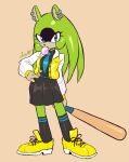  2022 absurd_res afrosoricid anthro baseball_bat bat_(object) biped black_nose clothed clothing eyelashes female footwear front_view full-length_portrait fully_clothed green_body green_hair hair hand_on_hip hi_res holding_baseball_bat holding_object idw_publishing jamoart looking_at_viewer mammal necktie portrait sega shoes signature simple_background solo sonic_the_hedgehog_(comics) sonic_the_hedgehog_(idw) sonic_the_hedgehog_(series) standing surge_the_tenrec tenrec 