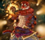  1boy collaboration_request commentary energy_ball english_commentary fantasy fingerless_gloves furry furry_male gloves gourd incoming_attack looking_at_viewer magic male_focus muscular muscular_male original rumlockerart solo tiger_boy topless_male 